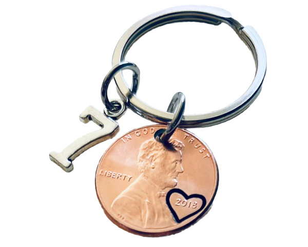 7 Year Anniversary Gift • 2018 Penny Keychain with Number 7 Charm by Jewelry Everyday