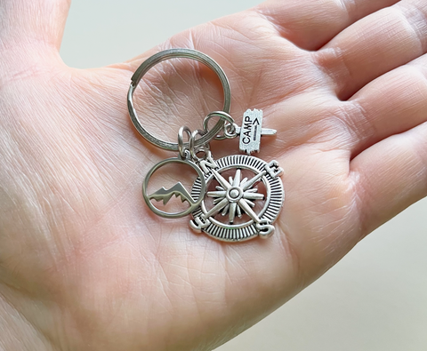 Camping Charm Keychain with Mountain Charm, Compass Charm & Camp Sign Charm