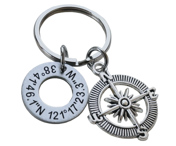 Custom Engraved Coordinates Steel Washer Keychain with Compass Charm, Anniversary Gift Keychain, GPS Keychain