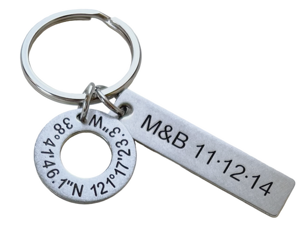 Custom Engraved Coordinates Steel Washer & Rectangle Tag Keychain, Anniversary Gift Keychain, GPS Keychain