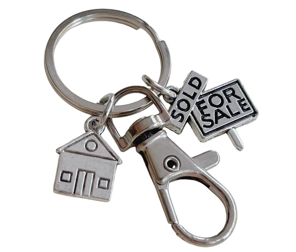 For Sale Sold Sign & House Charm Keychain with Clasp, Realtor or First Time Home Buyer Key Chain