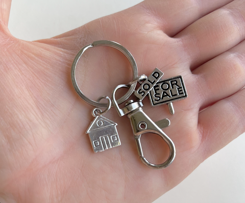 For Sale Sold Sign & House Charm Keychain with Clasp, Realtor or First Time Home Buyer Key Chain