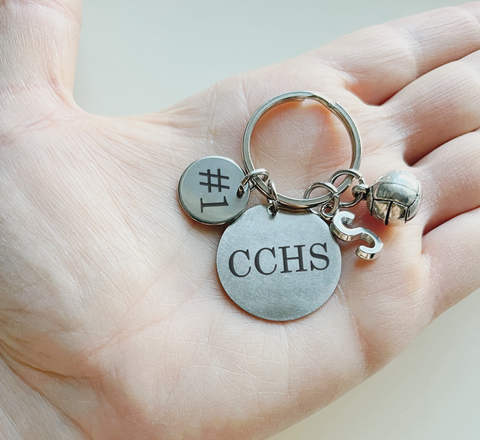 Custom Sport Charm Keychain with Engraved Large Disc & Small Disc Tags and Initial Charm, Graduate Keychain, Player or Coach Key Chain