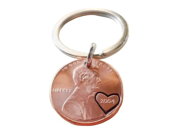 2004 Penny Keychain with Engraved Heart Around Year; 21 Year Anniversary Gift, Couples Keychain