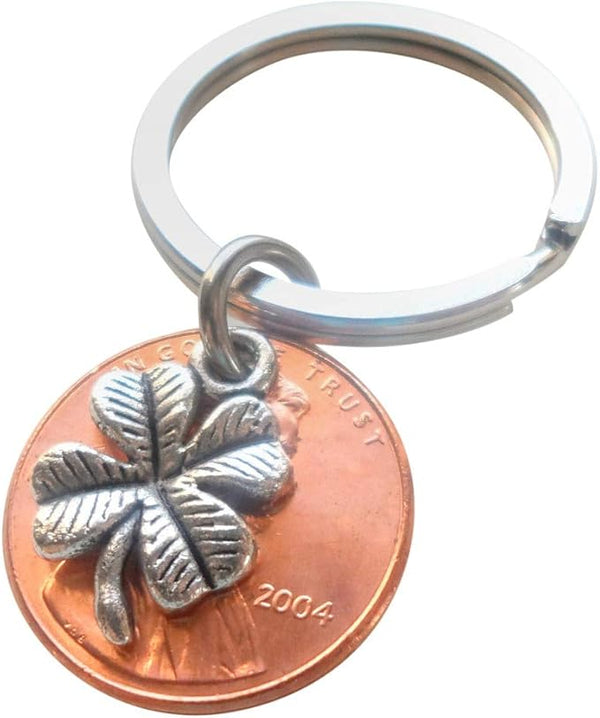 Clover Charm Layered Over 2004 Penny Keychain; 21 Year Anniversary Gift, Birthday Gift, Couples Keychain