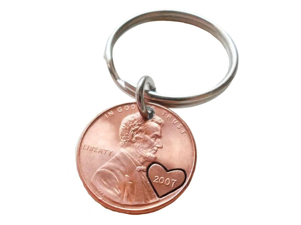 2007 Penny Keychain with Heart Around Year, Couples Keychain; 18 Year Anniversary Gift, Engraved Couples Keychain