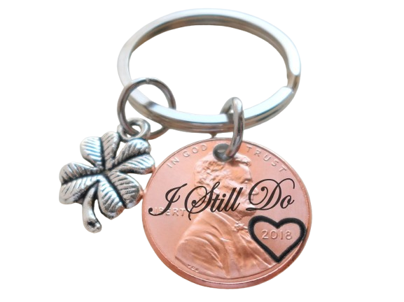 2018 Penny Keychain Engraved "I Still Do" with Clover Charm, 7 Year Anniversary Gift