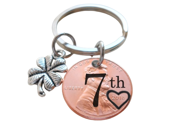 2018 US One Cent Penny Keychain with Engraved "7th" and Heart Around Year and Clover Charm; 7 Year Anniversary Couples Keychain