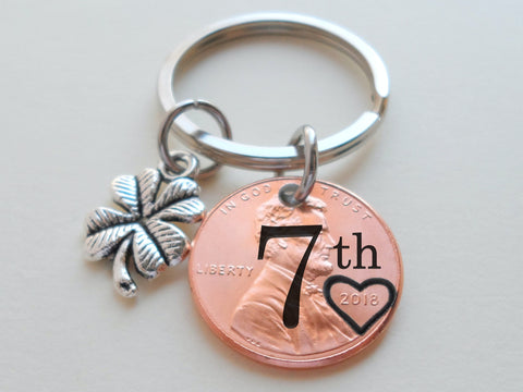 2018 US One Cent Penny Keychain with Engraved "7th" and Heart Around Year and Clover Charm; 7 Year Anniversary Couples Keychain