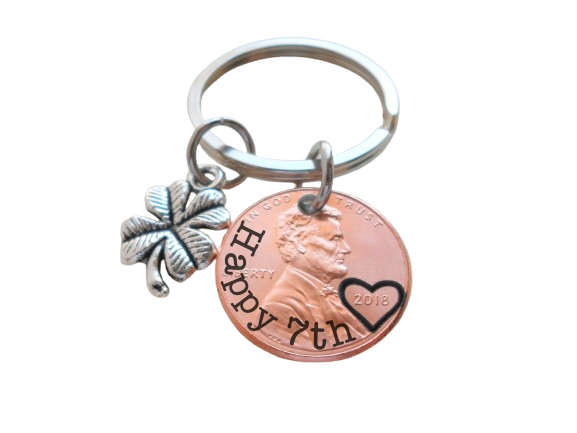 2018 US One Cent Penny Keychain with Engraved "Happy 7th" and Heart Around Year & Clover Charm; 7 Year Anniversary Couples Keychain