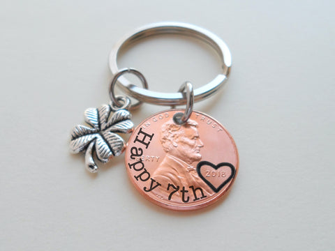 2018 US One Cent Penny Keychain with Engraved "Happy 7th" and Heart Around Year & Clover Charm; 7 Year Anniversary Couples Keychain