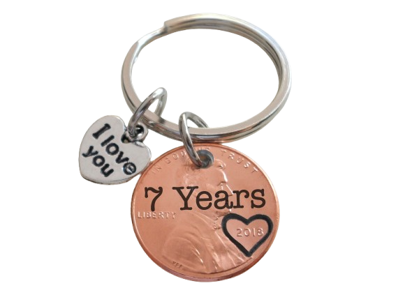 2018 US One Cent Penny Keychain with Engraved "7 Years" and Heart Around Year; 7 Year Anniversary Couples Keychain