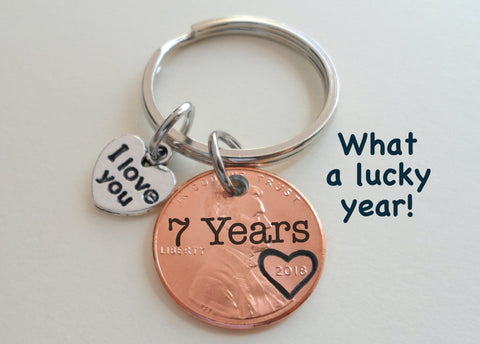 2018 US One Cent Penny Keychain with Engraved "7 Years" and Heart Around Year; 7 Year Anniversary Couples Keychain