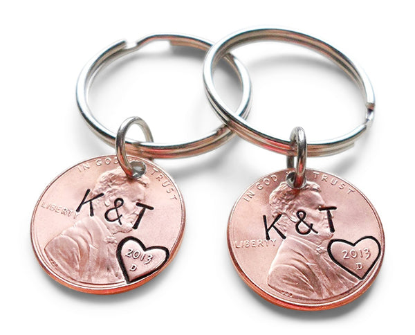 Anniversary Gift • Personalized Double Penny Keychain Set Hand Stamped with Custom Initials & Heart Around The Year, Options for Adding a Date