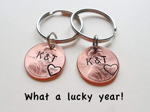 Anniversary Gift • Personalized Double Penny Keychain Set Hand Stamped with Custom Initials & Heart Around The Year, Options for Adding a Date
