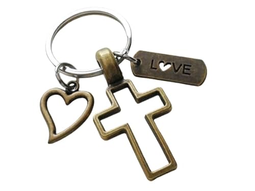 Bronze Cross Charm Keychain with Heart Charm & Word Tag Charm, Religious Keychain (Love Tag)