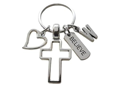 Custom Cross Charm Keychain with Heart Charm, Word Tag Charm, & Letter Charm; Religious Keychain