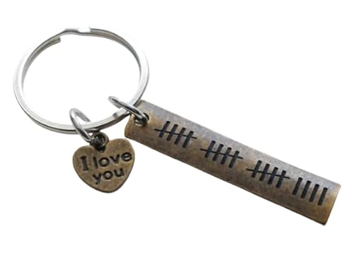 Bronze I Love You Heart Charm Keychain with 19 Tally Marks Engraved Tag, For Couples 19 Year Anniversary