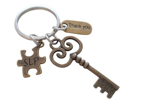 Speech Therapist, Speech Language Pathologist Appreciation Keychain with Bronze Key, SLP Puzzle, and Thank You Charm