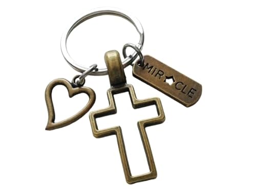 Bronze Cross Charm Keychain with Heart Charm & Word Tag Charm, Religious Keychain (Miracle Tag)