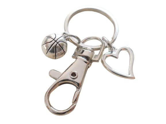 Basketball Player or Coach Keychain, Basketball & Heart Charm with Swivel Clasp