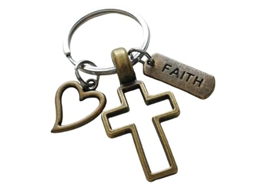 Bronze Cross Charm Keychain with Heart Charm & Word Tag Charm, Religious Keychain (Faith Tag)