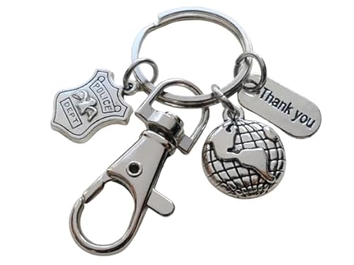 Police Officer Appreciation Keychain, Police Badge Charm Keychain, World Globe Charm, Thank You Charm & Clasp, School or Community Security Guard Thank You Keychain