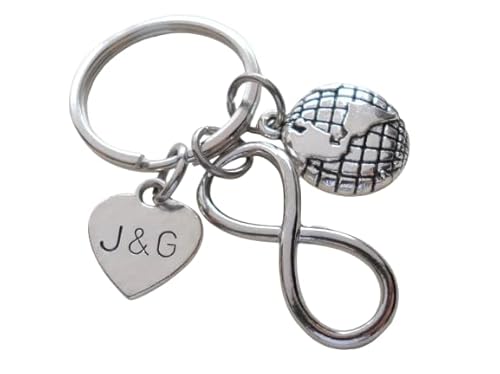 Custom Infinity Charm Keychain with Globe & Custom Heart Tag; For Couples or Best Friends, Anniversary Keychain