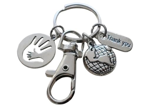 Little Hand in Hand Charm Keychain with World Globe, Thank You Charm, and Swivel Clasp; School or Preschool Teacher Appreciation, Volunteer, Pediatrician, Therapist, Social Worker, or Other Child Advocate