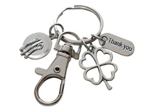 Lunch or Food Service Charm Keychain with Plate Charm, Clover Charm, Thank You Charm & Swivel Clasp; Food Server, School Lunch Serving Staff Appreciation Keychain