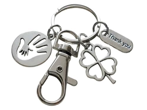 Little Hand in Hand Charm Keychain with Clover, Thank You Charm, and Swivel Clasp; School or Preschool Teacher Appreciation, Volunteer, Pediatrician, Therapist, Social Worker, or Other Child Advocate