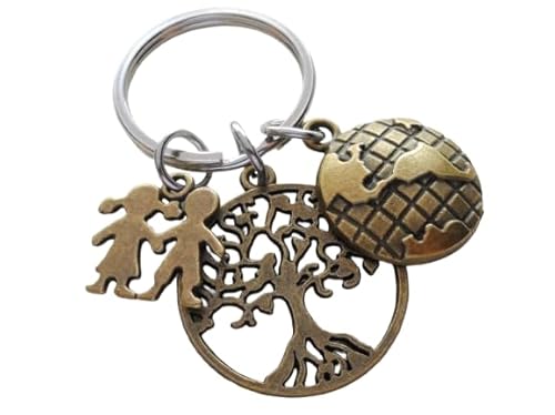 Bronze Tree & World Globe Charm Keychain with Kids Charm; School or Preschool Teacher & Volunteer Appreciation Keychain