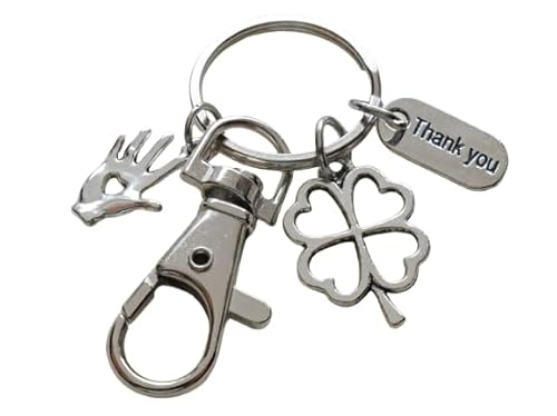 Hand with Heart Charm Keychain with Clover, Thank You Charm, and Swivel Clasp; School or Preschool Teacher Appreciation, Volunteer, Therapist, or Social Worker Keychain