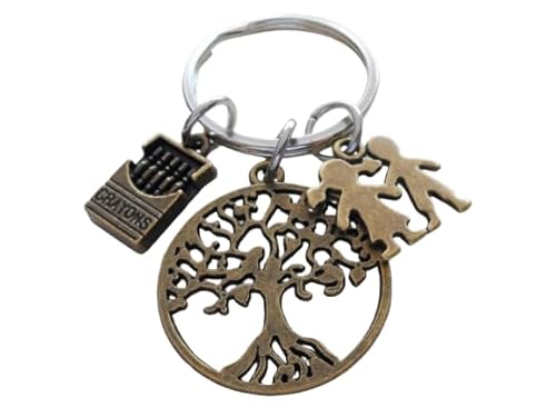 Bronze Tree & Kids Charm Keychain with Crayons Charm; School or Preschool Teacher & Volunteer Appreciation Keychain