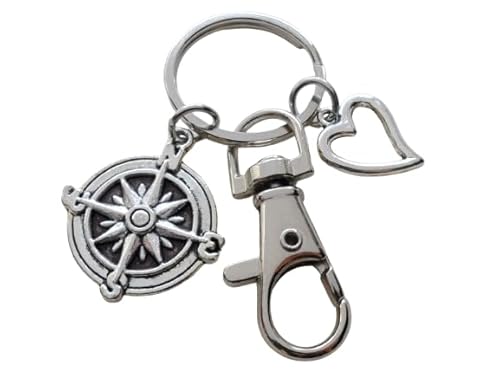 Compass Charm Keychain with Heart Charm & Swivel Clasp - I'd Be Lost Without You; Couples Keychain
