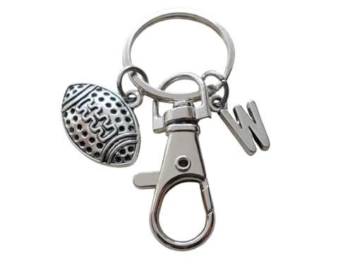 Custom Football Charm Keychain with Swivel Clasp & Initial Charm; Football Team Player Keychain