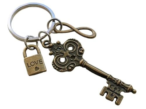 Bronze Key Charm Keychain with Love Lock Charm & Infinity Charm; Couples Anniversary Keychain