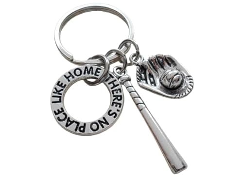 Baseball or Softball Keychain with Baseball Mitt Charm, Baseball Bat Charm, and a "There's No Place Like Home" Ring Charm, Team Player Keychain