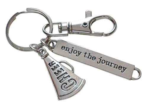 Cheerleader Charm Keychain with Cheer Megaphone Charm, Enjoy the Journey Charm & Swivel Clasp, Cheerleading School Team Keychain, Cheer Team Keychain