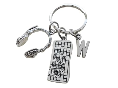 Custom Keyboard & Head Set Charm Keychain with Letter Charm; Call Center Employee Thank You Keychain, Staff, Team Appreciation Keychain