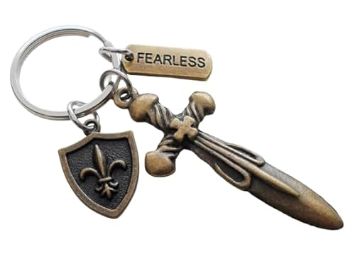 Bronze Sword & Small Shield Charm Keychain with Fearless Charm, Knight Keychain, Warrior Keychain, Fantasy Keychain