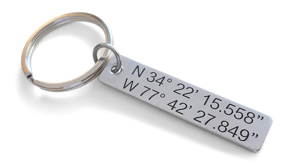 Custom Engraved Coordinates Small Stainless Steel Keychain Tag, Anniversary Gift Keychain