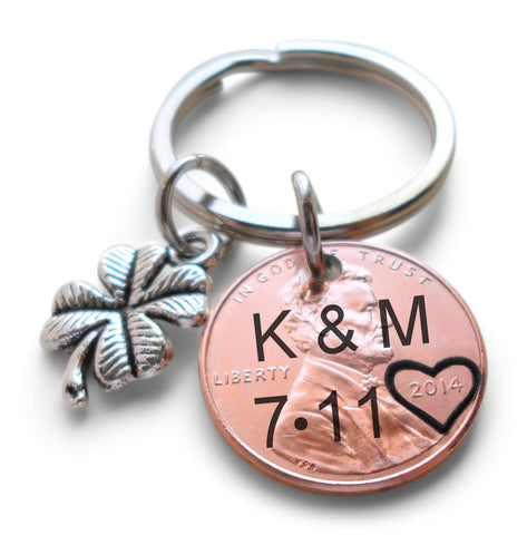 Anniversary Gift • Personalized Penny Keychain Stamped w/ Heart Around the Year & Initials with Anniversary Date & Clover Charm