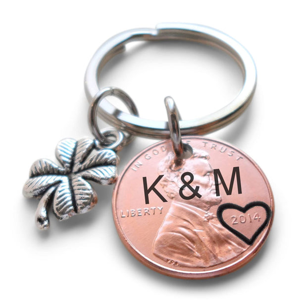 Anniversary Gift • Personalized Penny Keychain Stamped w/ Heart Around the Year & Initials with Anniversary Date & Clover Charm