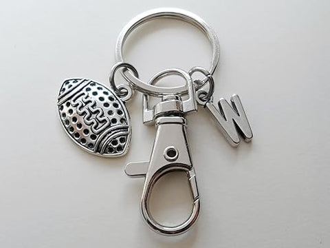 Custom Football Charm Keychain with Swivel Clasp & Initial Charm; Football Team Player Keychain
