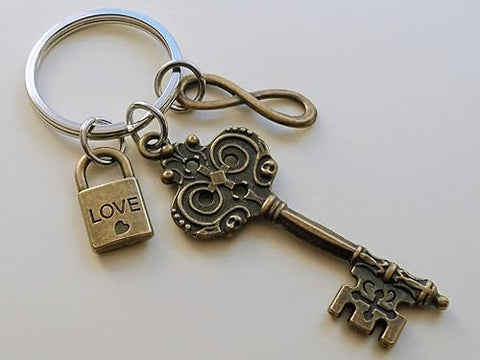 Bronze Key Charm Keychain with Love Lock Charm & Infinity Charm; Couples Anniversary Keychain