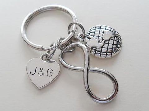 Custom Infinity Charm Keychain with Globe & Custom Heart Tag; For Couples or Best Friends, Anniversary Keychain