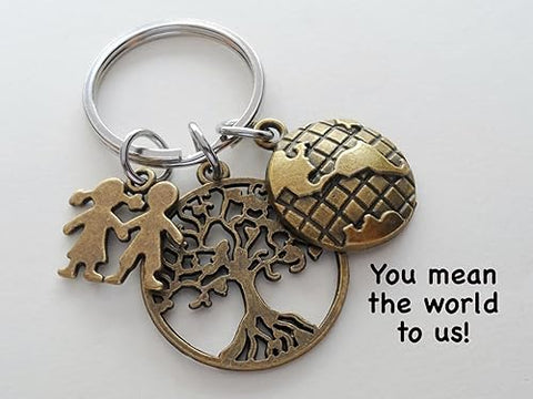 Bronze Tree & World Globe Charm Keychain with Kids Charm; School or Preschool Teacher & Volunteer Appreciation Keychain