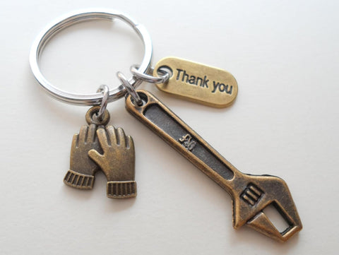 Bronze Wrench & Work Gloves Charm Keychain with Thank You Charm; Builders, Construction Team, Plumber Keychain, Employee Thank You Keychain