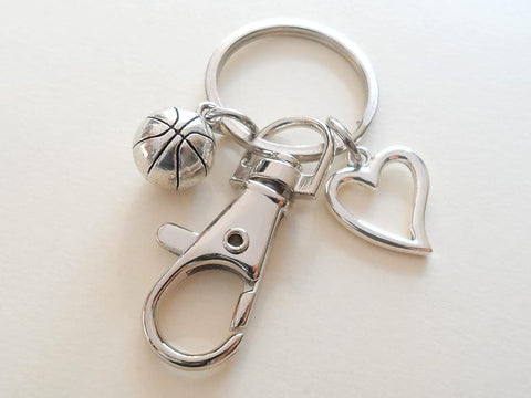 Basketball Player or Coach Keychain, Basketball & Heart Charm with Swivel Clasp